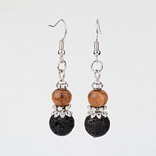 Honeyhandy Natural Lava Rock Dangle Earrings, with Wood Beads and Metal Findings, 48mm, Pin: 0.6mm