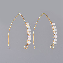 Honeyhandy 304 Stainless Steel Earring Hooks, with Faceted Rondelle Glass Beads and Horizontal Loop, Golden, White, 40x28x3mm, Hole: 3x2mm, Pin: 0.8mm