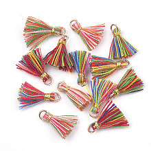 Honeyhandy Polycotton(Polyester Cotton) Tassel Pendant Decorations, Mini Tassel, with Iron Findings and Metallic Cord, Light Gold, Colorful, 10~15x2~3mm, Hole: 1.5mm