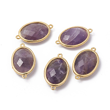 Honeyhandy Golden Tone Brass Amethyst Links connectors, Faceted, Oval, 26x15x6mm, Hole: 1~2mm