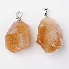 Honeyhandy Natural Citrine Pendants, Nuggets, with Brass Findings, Platinum, 26~42x20~26x14~22mm, Hole: 5x8mm