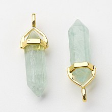 Honeyhandy Natural Green Fluorite Pointed Pendants, with Random Alloy Pendant Hexagon Bead Cap Bails, Golden, Bullet, 37~40x12.5x10mm, Hole: 3x4.5mm