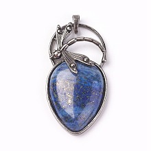 Honeyhandy Natural Lapis Lazuli Pendants, with Brass Findings, teardrop, Antique Silver, 52~53x27x10~11mm, Hole: 8x5mm