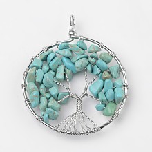 Honeyhandy Tree of Life Synthetic Turquoise Big Pendants, with Brass Findings, Platinum, 63~65x49~51x8~10mm, Hole: 8~10mm