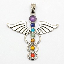 Honeyhandy Vintage Chakra Jewelry Zinc Alloy Bezel Gemstone Big Pendants, Caduceus Symbol for Medicine, Antique Silver, Mixed Stone, 57x58x6mm, Hole: 7x4mm