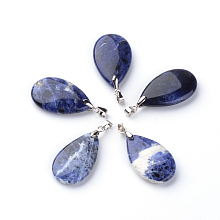 Honeyhandy Natural Sodalite Pendants, with Brass Findings, teardrop, Platinum, 30x18x6mm, Hole: 5x4mm