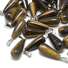 Honeyhandy Natural Tiger Eye Pendants, with Stainless Steel Snap On Bails, Teardrop, 28~30x10~12mm, Hole: 6x4mm