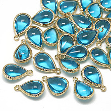 Honeyhandy Glass Pendants, with Golden Tone Brass Findings, teardrop, Deep Sky Blue, 18.5x12.5x7mm, Hole: 1.5mm