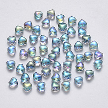 Honeyhandy Transparent Spray Painted Glass Beads, AB Color Plated, Heart, Light Sea Green, 6x6x4mm, Hole: 0.7mm