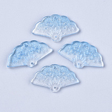 Honeyhandy Transparent Spray Painted Glass Pendants, with Single Face Glitter Powder, Fan, Light Sky Blue, 20x34.5x3.5mm, Hole: 1.2mm