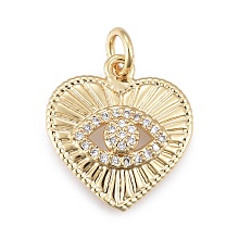 Honeyhandy Brass Micro Pave Cubic Zirconia Pendants, with Jump Ring, Heart with Eye, Real 18K Gold Plated, Clear, 16x16.5x3.5mm, Hole: 3mm