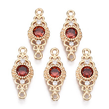 Honeyhandy Brass Micro Pave Cubic Zirconia Links Connectors, with Glass, Horse Eye, Long-Lasting Plated, Light Gold, Red, 19.5x8x3mm, Hole: 1.2mm