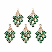 Honeyhandy Brass Micro Pave Cubic Zirconia Pendants, with Glass, Long-Lasting Plated, Light Gold, Teardrop, Sea Green, 29x16.5x7mm, Hole: 1.6mm