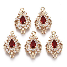 Honeyhandy Brass Micro Pave Cubic Zirconia Links Connectors, with Glass, Long-Lasting Plated, Teardrop, Light Gold, Red, 20x12x5mm, Hole: 1.4mm