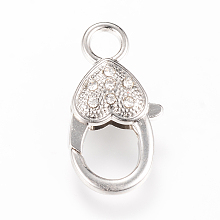 Honeyhandy Alloy Rhinestone Lobster Claw Clasps, Heart, Platinum, 26.5~27x14x6.5mm, Hole: 4mm