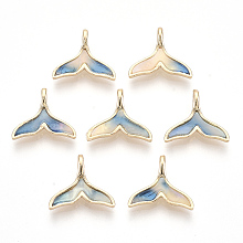 Honeyhandy Golden Tone Brass Pendants, with Cellulose Acetate(Resin), Whale Fishtail, Light Sky Blue, 12x14x4mm, Hole: 2mm