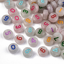 Honeyhandy Luminous Acrylic Beads, Flat Round with Number, Mixed Color, 7x4mm, Hole: 1.5mm