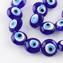 Honeyhandy Flat Round Evil Eye Lampwork Bead Strands, Blue, 15~16x8~9mm, Hole: 2mm, about 24pcs/strand, 13.7 inch