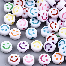 Honeyhandy Opaque Craft Acrylic Beads, Flat Round with Smiling Face, Mixed Color, 10x5mm, Hole: 2mm