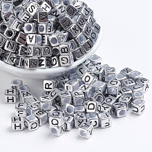 Honeyhandy Antique Silver Plated Large Hole Acrylic European Beads, Horizontal Hole, Cube with Random Letters, 6x6x6mm, Hole: 4mm, about 295pcs/50g