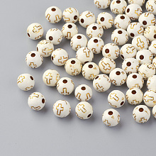 Honeyhandy Plating Acrylic Beads, Golden Metal Enlaced, Round with Cross, Beige, 8mm, Hole: 2mm