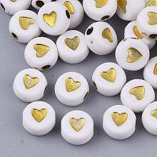 Honeyhandy Plating Acrylic Beads, Metal Enlaced, Flat Round with Heart, Golden Plated, 6.5~7x3.7mm, Hole: 1.8mm, about 365pcs/50g