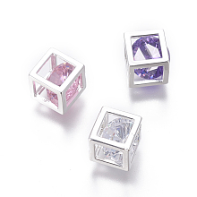 Honeyhandy Cubic Zirconia Charms, with Alloy Findings, Cube, Silver Color Plated, Mixed Color, 7.5x7.5mm