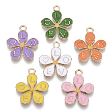 Honeyhandy Alloy Enamel Pendants, Flower with Words Love, Light Gold, Mixed Color, 22x19x2mm, Hole: 2mm