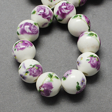 Honeyhandy Handmade Printed Porcelain Beads, Round, Orchid, 12mm, Hole: 2mm