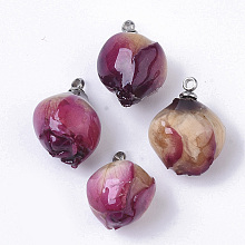 Honeyhandy Handmade Natural Real Rose Dried Flower Pendants, Covered with Clear Epoxy Resin, with 304 Stainless Steel Peg Bails Pendants, Stainless Steel Color, Purple, Stainless Steel Color, 15.5~18x8~12.5x8~11.5mm, Hole: 1.4mm