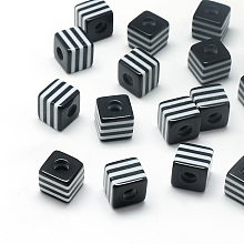 Honeyhandy Opaque Stripe Resin Beads, Cube, Black, 10x10x10mm, Hole: 4mm