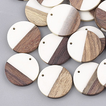 Honeyhandy Resin & Wood Pendants, Flat Round, White, 28.5x3.5~4mm, Hole: 1.5mm