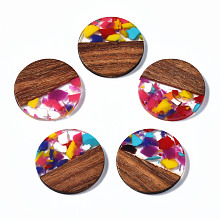 Honeyhandy Resin & Walnut Wood Pendants, Flat Round , Saddle Brown, 28x3mm, Hole: 2mm