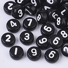 Honeyhandy Opaque Acrylic Beads, Flat Round with Number, Mixed, 7x3.5mm, Hole: 1.2mm, about 400pcs/50g.