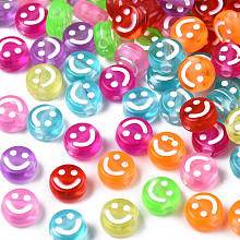 Honeyhandy Transparent Acrylic Beads, Flat Round with Enamel Smiling Face, Mixed Color, 7x4mm, Hole: 1.6mm, about 415pcs/50g