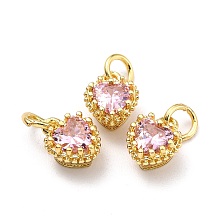 Arricraft Brass Micro Pave Mixed Color Cubic Zirconia Pendants, Real 18K Gold Plated, Long-Lasting Plated, Heart, Pearl Pink, 9.3x7.4x5.5mm, Hole: 3mm