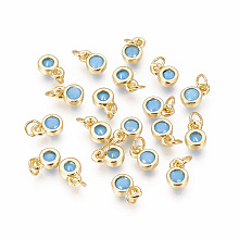 Honeyhandy Brass with Single Cubic Zirconia Charms, Single Stone Charms, Flat Round, Golden, Deep Sky Blue, 6.5x4.5x2mm, Hole: 2.5~3mm