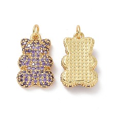 Honeyhandy Brass Micro Pave Cubic Zirconia Pendants, with Jump Ring, Bear Charms, Golden, Medium Purple, 19x12x4mm, Hole: 3mm