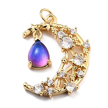 Honeyhandy Brass Micro Pave Cubic Zirconia Pendants, with Glitter Powder Glass & Jump Ring, Long-Lasting Plated, Real 18K Gold Plated, Moon & Teardrop, Lead Free & Cadmium Free, Mauve, 27.5x20x5mm, Jump Ring: 5x0.7mm, Inner Diameter: 3.6mm, Teardrop: 12x7x5mm