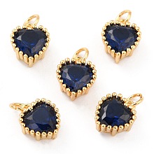 Honeyhandy Real 18K Gold Plated Brass Inlaid Cubic Zirconia Charms, with Jump Ring, Long-Lasting Plated, Heart, Dark Blue, 8.5x7x4mm, Jump Ring: 4x0.5mm, 2.5mm Inner Diameter