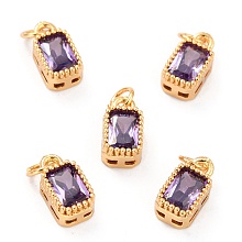 Honeyhandy Real 18K Gold Plated Brass Inlaid Cubic Zirconia Charms, with Jump Ring, Long-Lasting Plated, Rectangle, Purple, 9.5x5x3.5mm, Jump Ring: 4x0.5mm, 2.5mm Inner Diameter