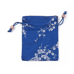 Honeyhandy Silk Packing Pouches, Drawstring Bags, with Wood Beads, Blue, 14.7~15x10.9~11.9cm