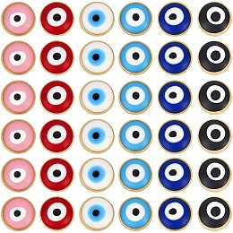 NBEADS 60 Pcs Acrylic Evil Eye Beads, 7.5mm Flat Round Opaque Gold Plated Evil Eye Charms for DIY Jewelry Making, 6 Assorted Colors