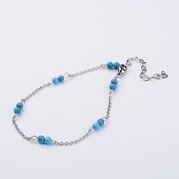 Honeyhandy 304 Stainless Steel Chain Anklets, with Synthetic Turquoise Beads, 9-1/4 inch(235mm)