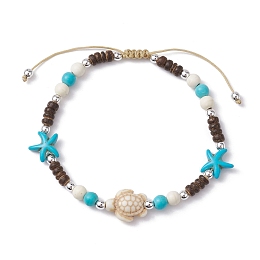 Honeyhandy Starfish & Tortoise Synthetic Turquoise Braided Bead Anklets, Nylon Cord Adjustable Bracelets, Floral White, Inner Diameter: 2-7/8~3-7/8 inch(7.3~9.7cm)