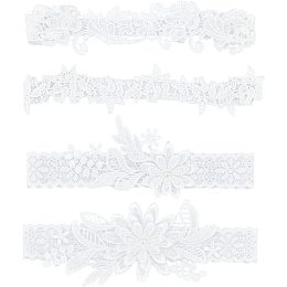 AHANDMAKER 4 Pcs Charming Lace Garters Wedding Garters, 4 Styles White Lace Garter with Unique Flower Pattern, for Bride