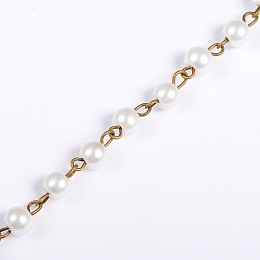 Honeyhandy Handmade Round Glass Pearl Beads Chains for Necklaces Bracelets Making, with Antique Bronze Iron Eye Pin, Unwelded, White, 39.3 inch, Bead: 6mm