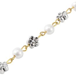 PandaHall Elite 5 Strands 3.3 Feet Round Glass Pearl Beads Chain Link with Flower Spacer Beads and Eye Pin for Necklaces Bracelets Jewelry Making