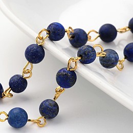 Honeyhandy Handmade Natural Lapis Lazuli Beaded Chains, Unwelded, with Brass Eye Pin, Golden, 39.3 inch