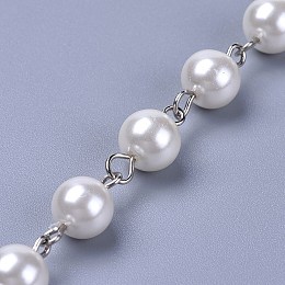 Honeyhandy Handmade Dyed Glass Pearl Beaded Chains, Unwelded, with Iron Eye Pin, Platinum, Beige, 39.37 inch, 1m/strand